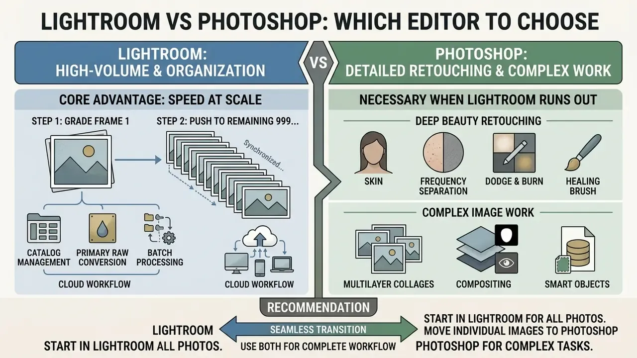 Comparison of Lightroom for batch processing and Photoshop for detailed retouching and complex tasks