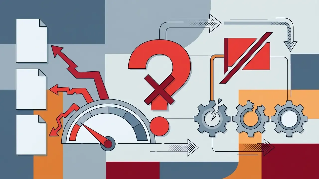 Question mark and broken gears linked to documents and a low gauge to signify missing source citations