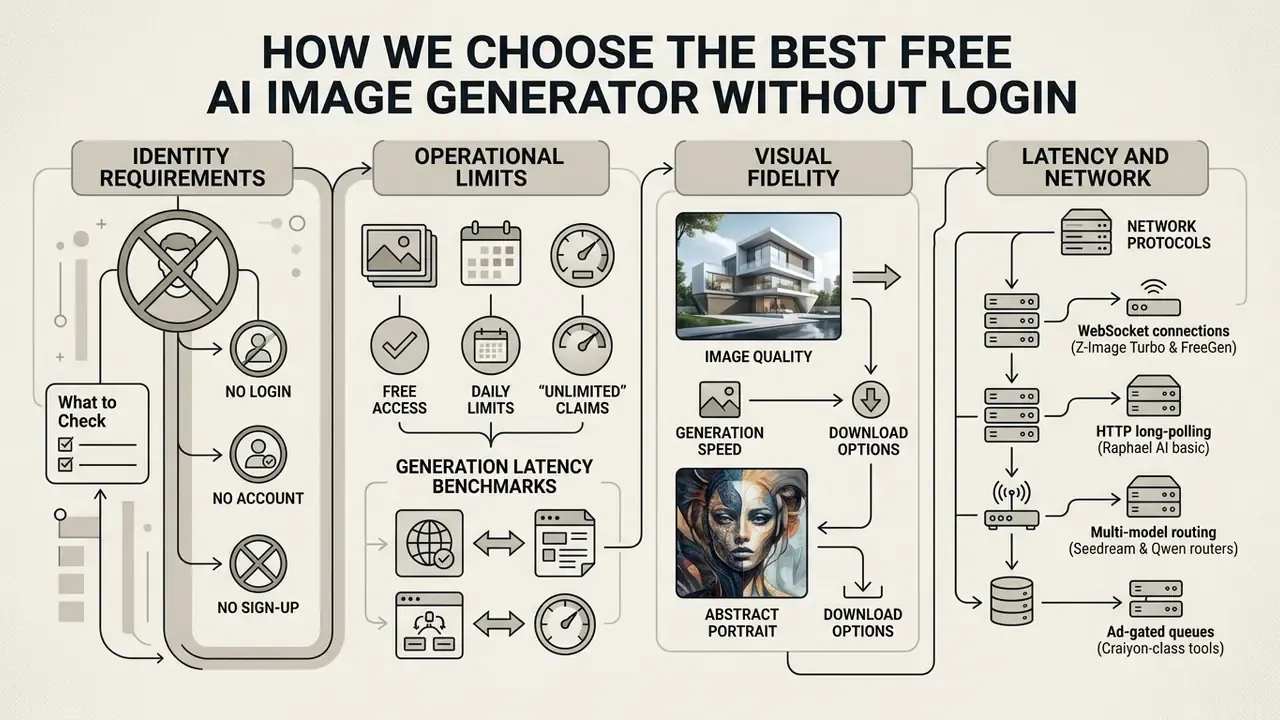 Flowchart detailing criteria for evaluating AI image generators including identity, limits, fidelity, and network