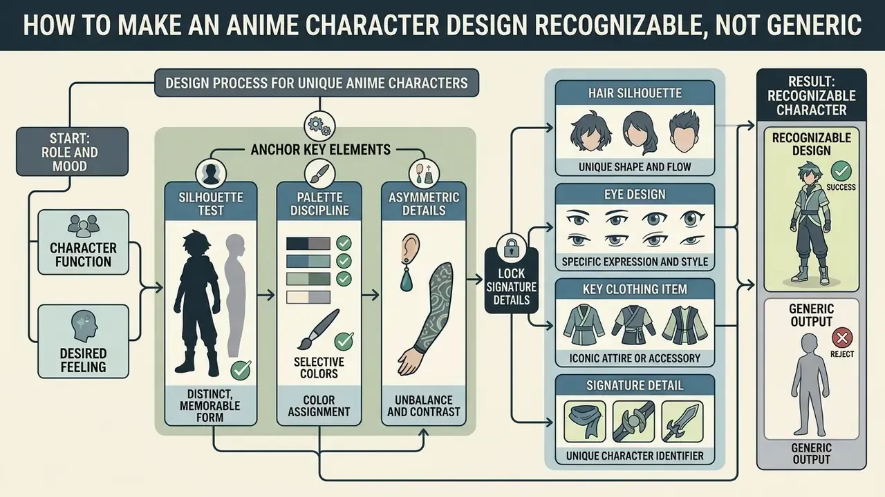 Flowchart illustrating design steps for unique characters through silhouettes, palettes, and details