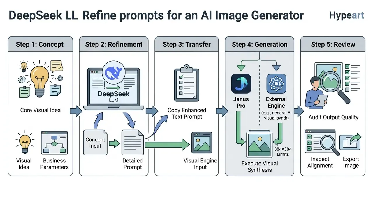 Sequential process steps for using DeepSeek to refine prompts for an AI image generator