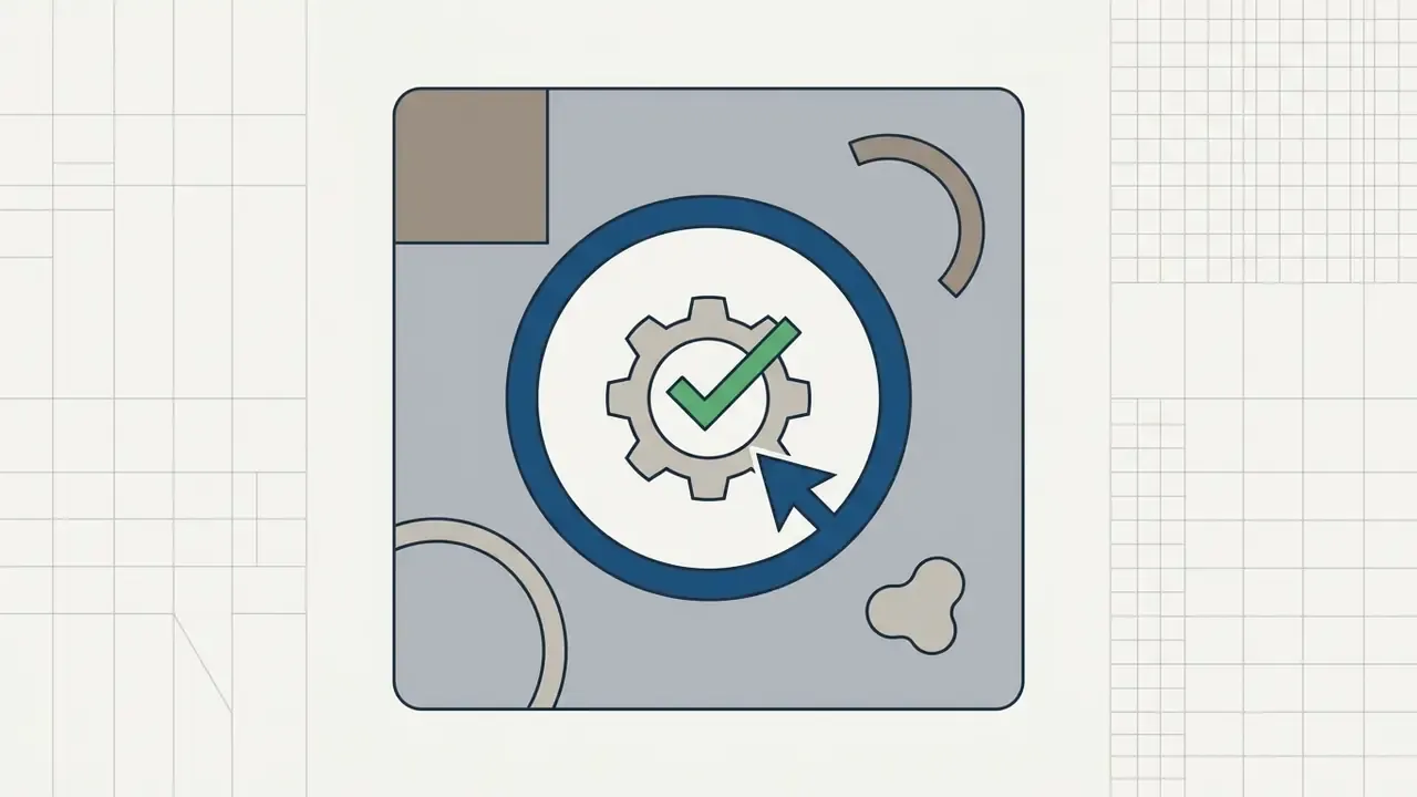 Gear icon with a green checkmark inside a circular frame being selected by a computer cursor
