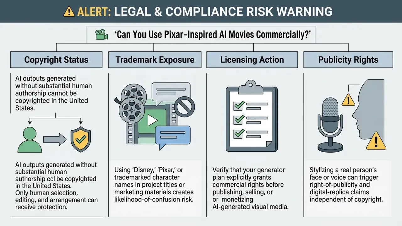 Four-column chart outlining legal risks regarding copyright, trademarks, licensing, and publicity rights