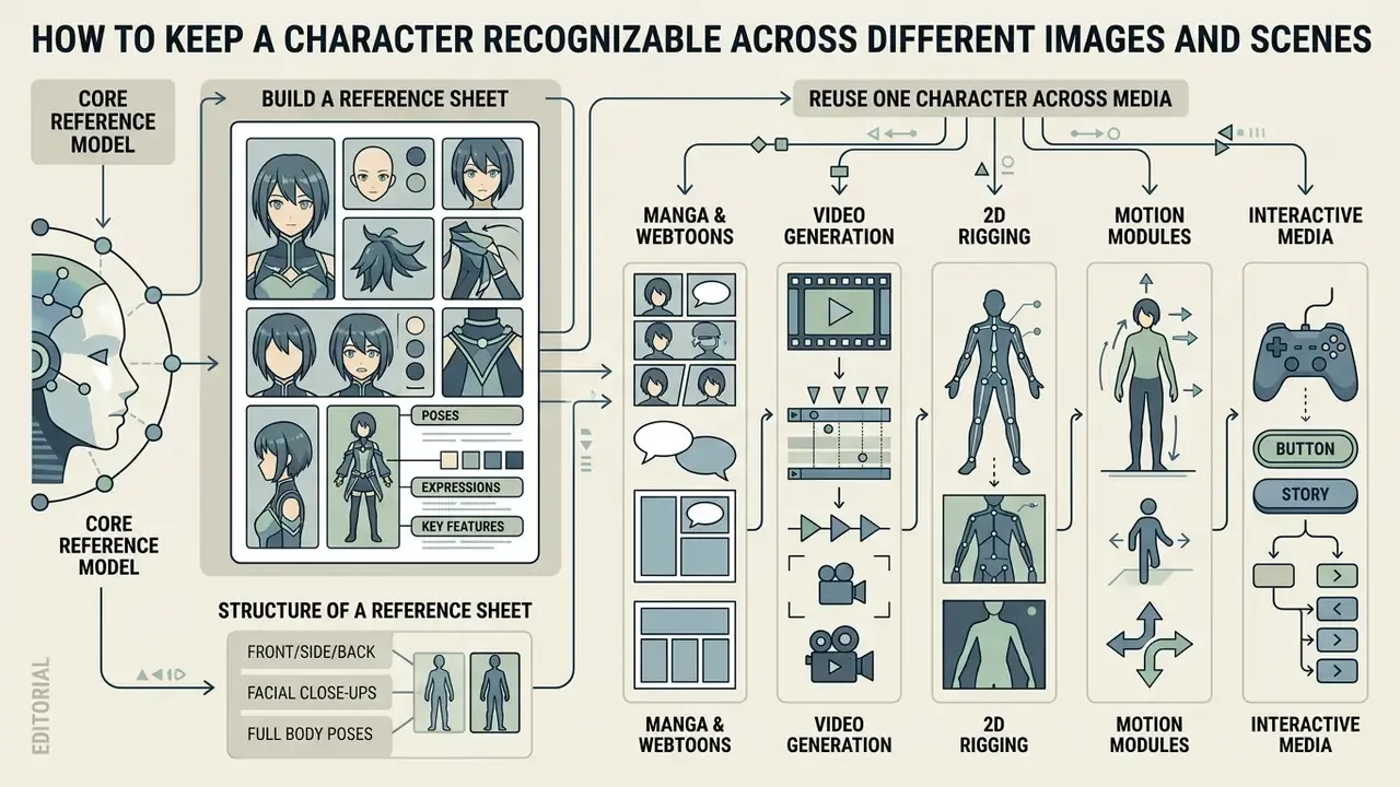Diagram showing how to build a character reference sheet and apply it across manga, video, and interactive media