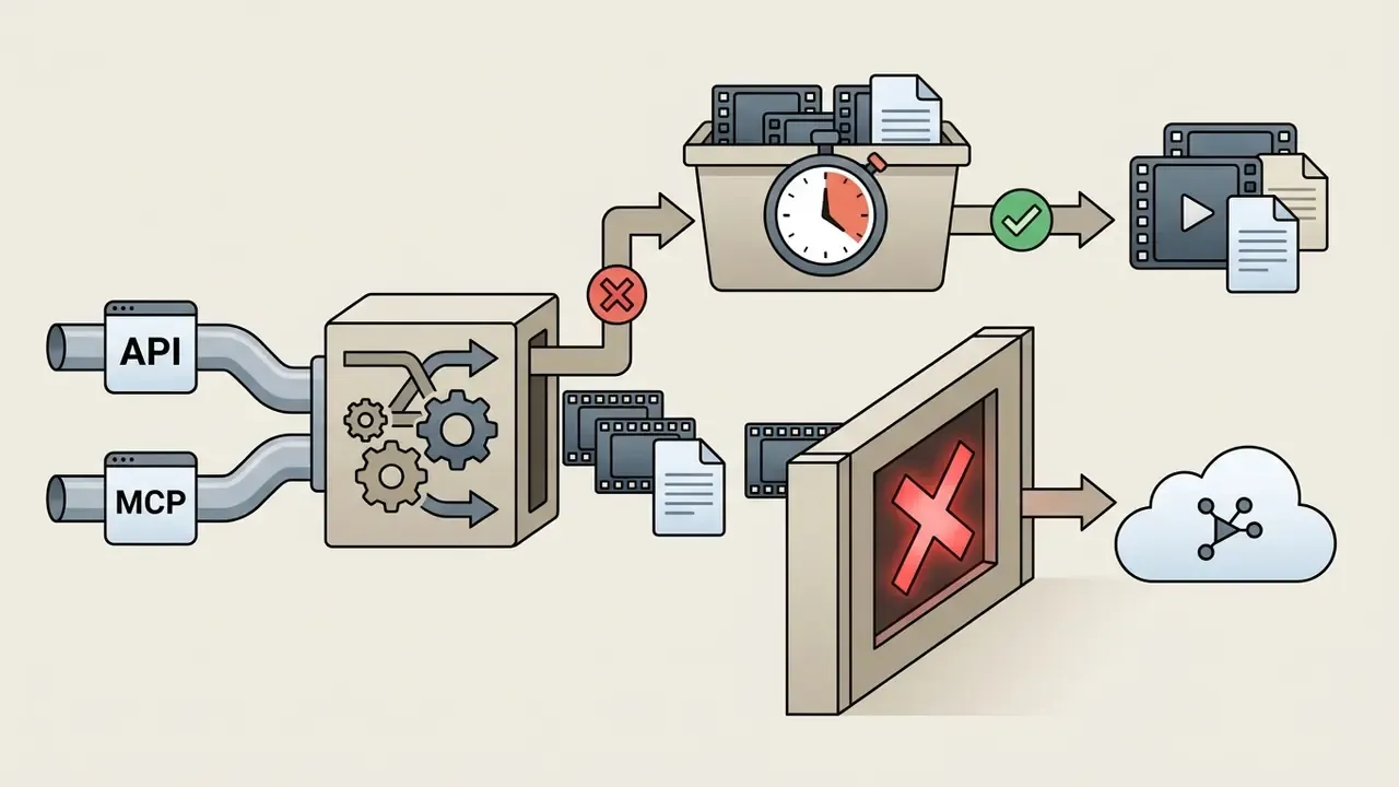 API and MCP inputs feeding a gear mechanism that routes video assets to a timed queue or a block gate
