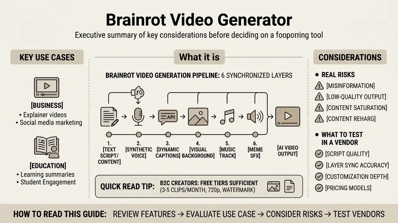 Diagram showing a six-layer brainrot video generator pipeline with use cases and vendor considerations