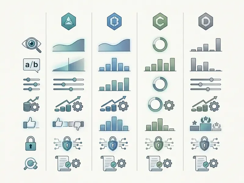 Comparison matrix displaying various data visualization icons and metrics across four distinct categories