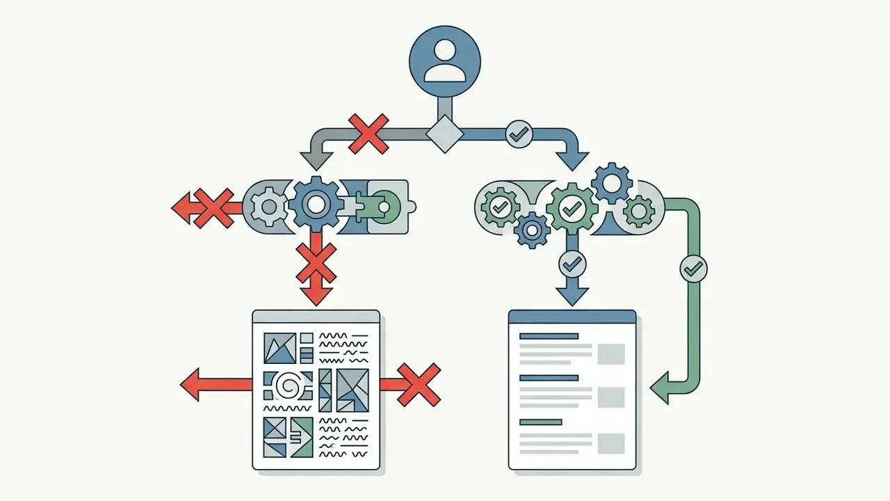 User data branching into gear systems to filter web results with checkmarks and red cross symbols
