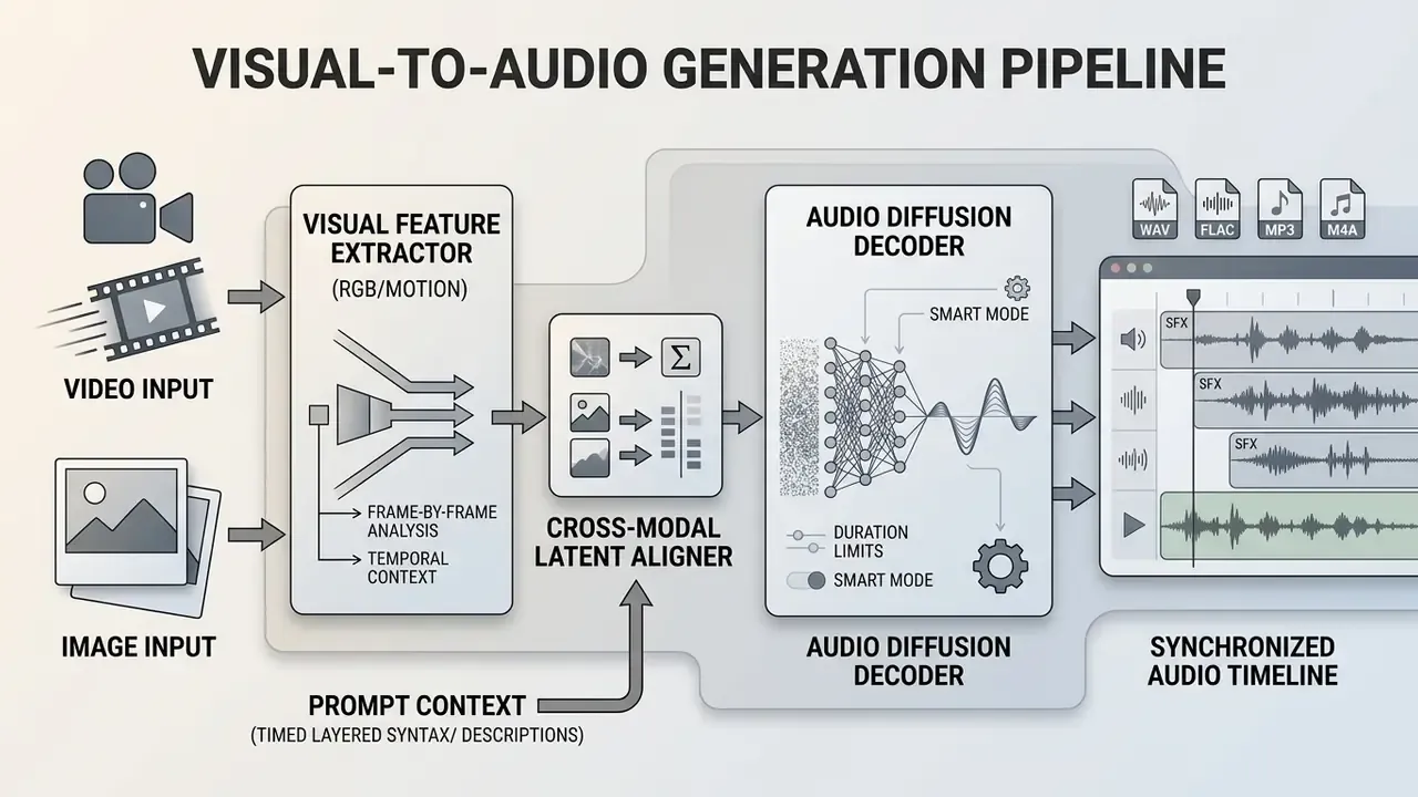 Diagram showing video and image inputs processed through feature extraction and alignment to audio output