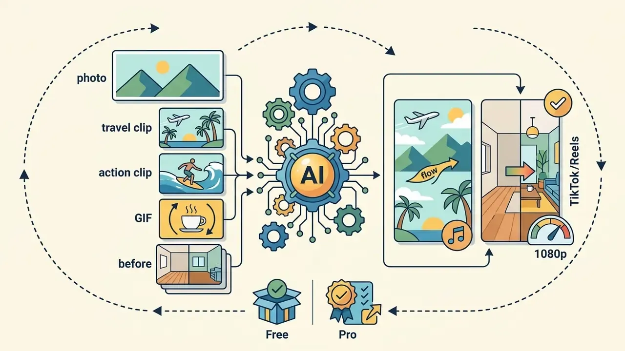 Various media assets feeding into an AI processor to create vertical social media videos with transitions