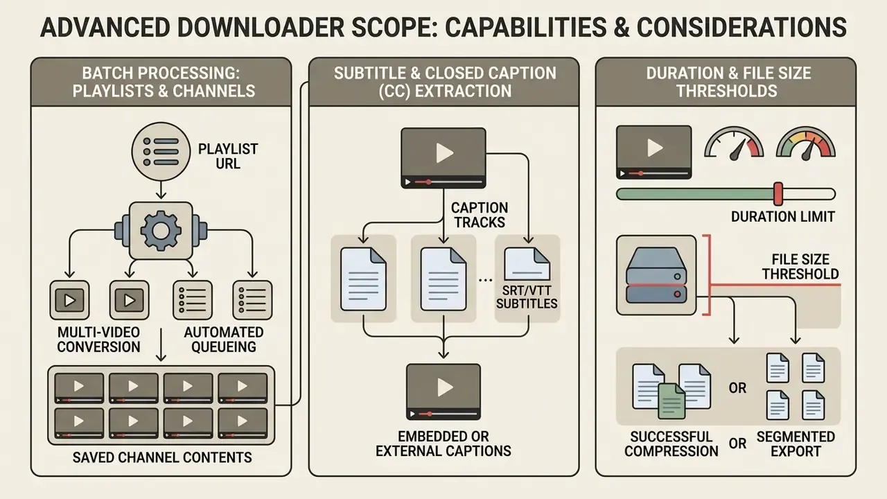 Diagram showing batch processing, subtitle extraction, and file size limits for media downloads