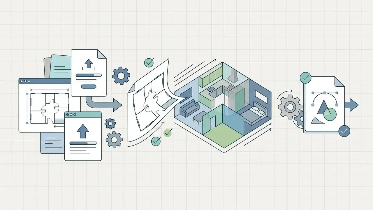 Process of uploading 2D floor plans to generate 3D room models and export them as vector files