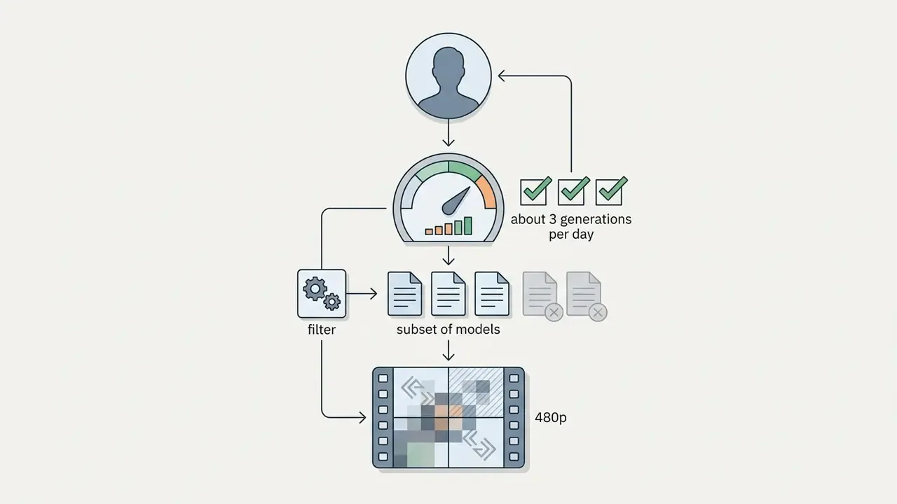 User workflow showing daily generation limits, model filtering, and 480p video output