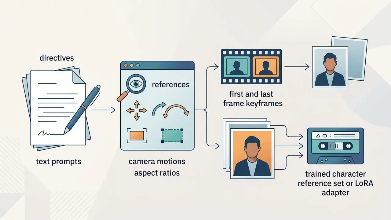 Workflow diagram showing text prompts, camera motions, and reference images leading to video keyframes