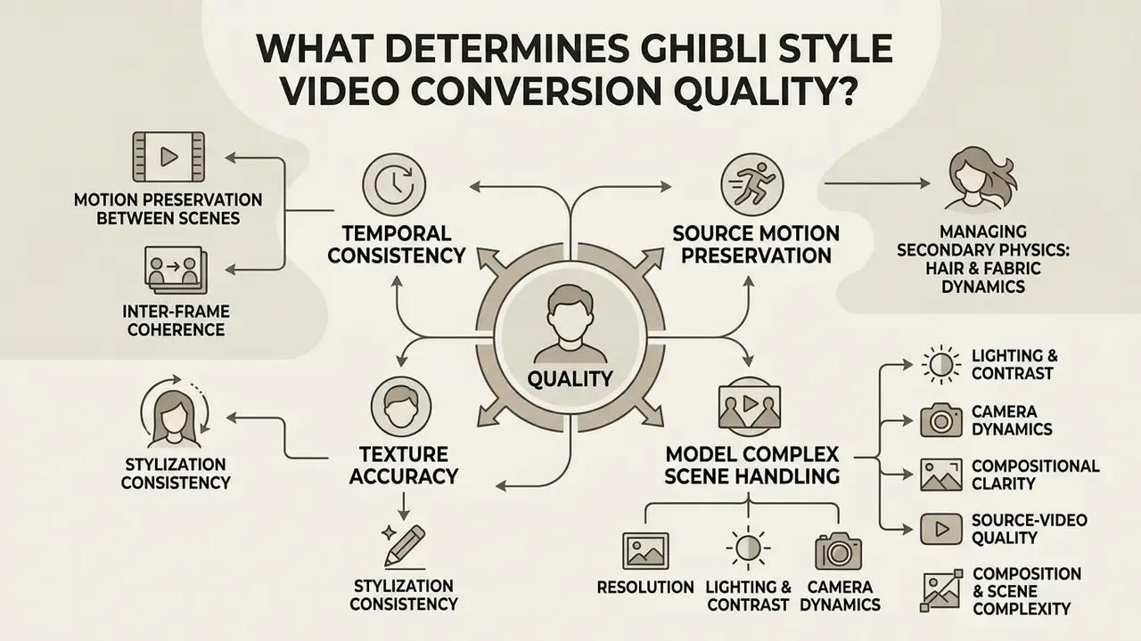 Diagram mapping key factors like temporal consistency and motion preservation for Ghibli style video conversion