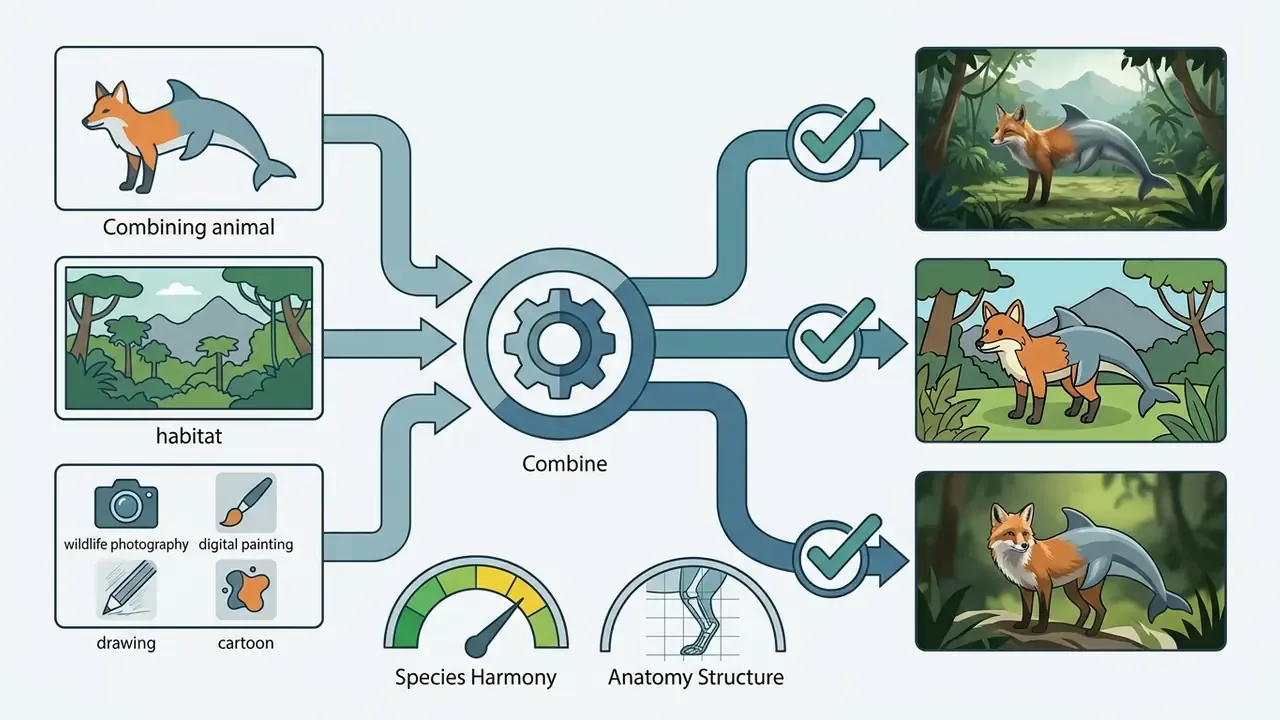 Process flow combining animal species, habitat, and artistic style into varied rendered creature outputs