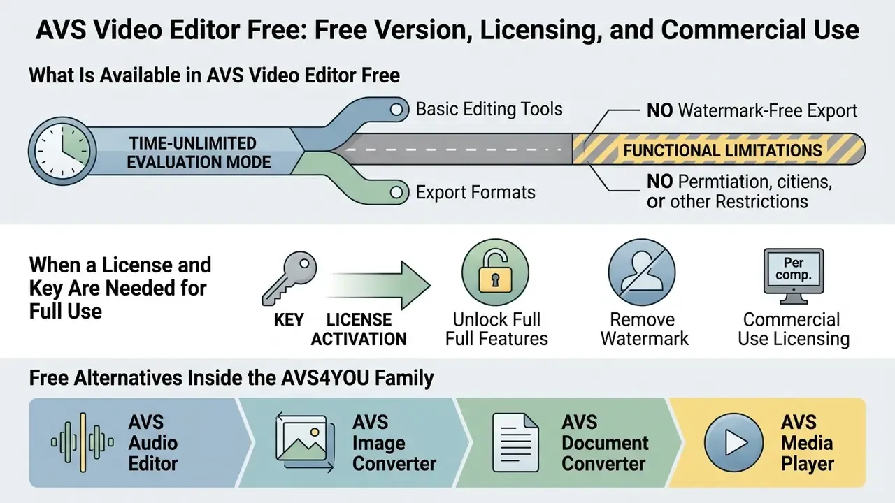 Diagram showing evaluation mode limitations, license activation steps, and related software tools