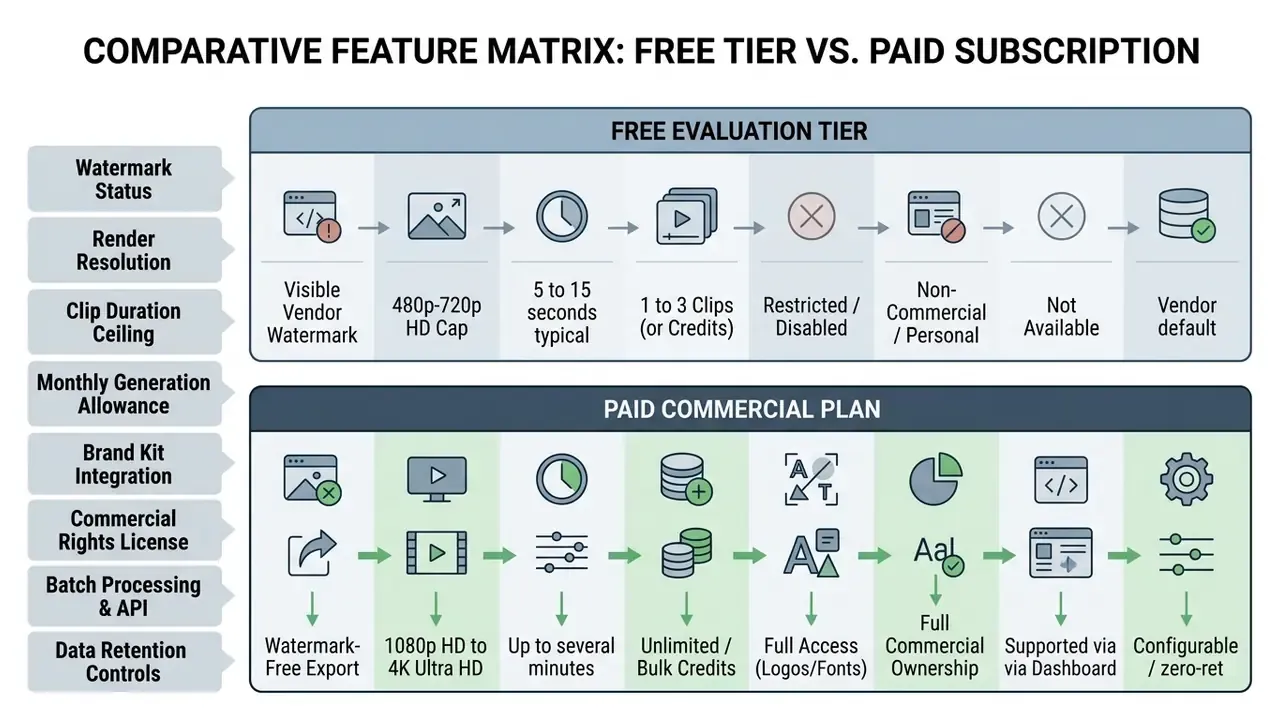 Matrix comparing feature sets for free evaluation and paid commercial video generation subscriptions