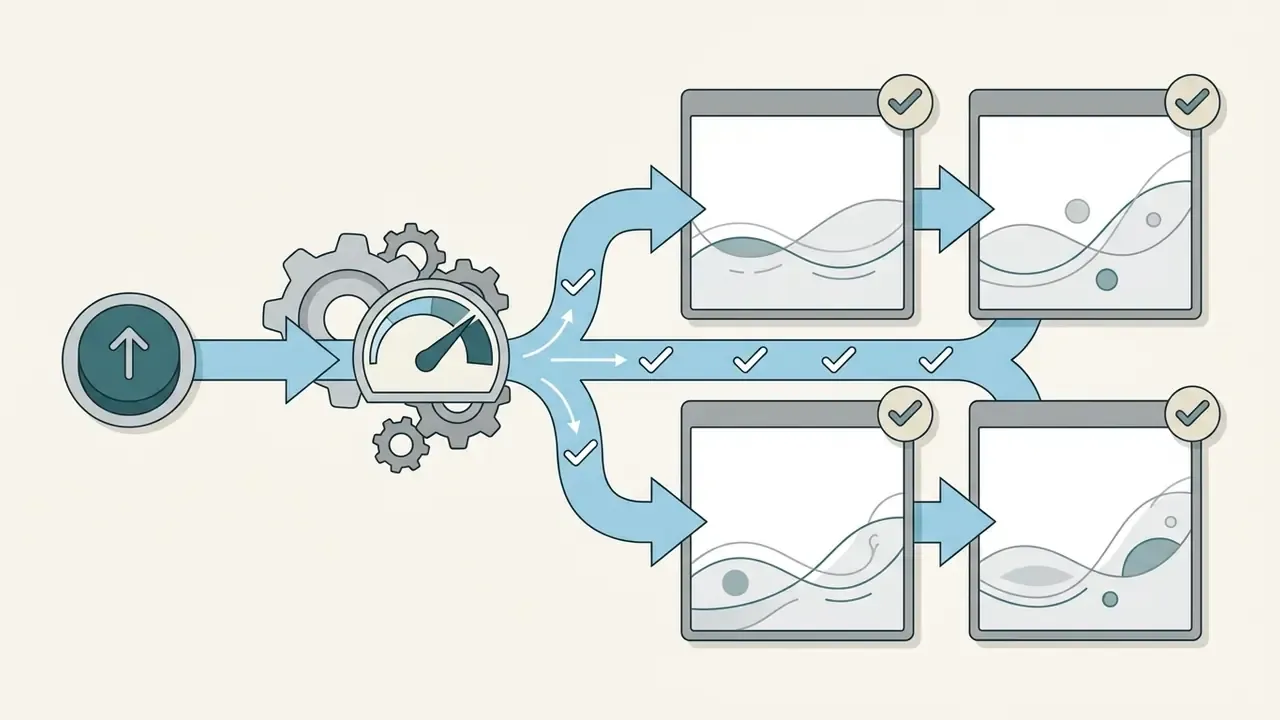 Button with arrow feeding into a speed gauge and gears that branch out to generate four distinct images