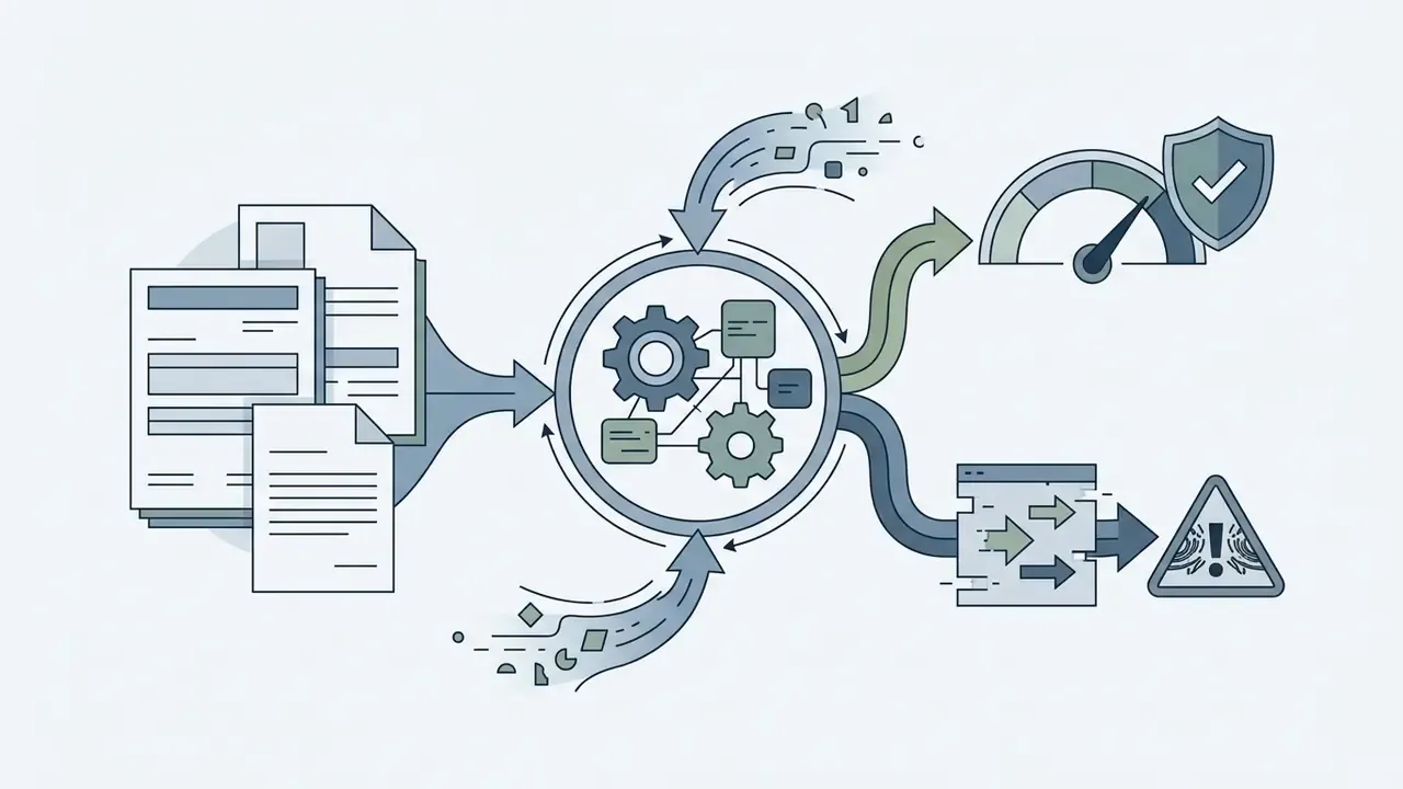 Documents feeding into a gear system that splits data into a speed gauge and a risk warning icon