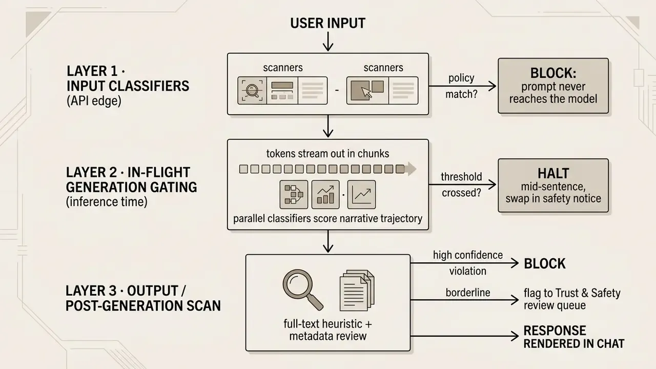 Diagram mapping three sequential moderation layers that evaluate user input, token generation, and output