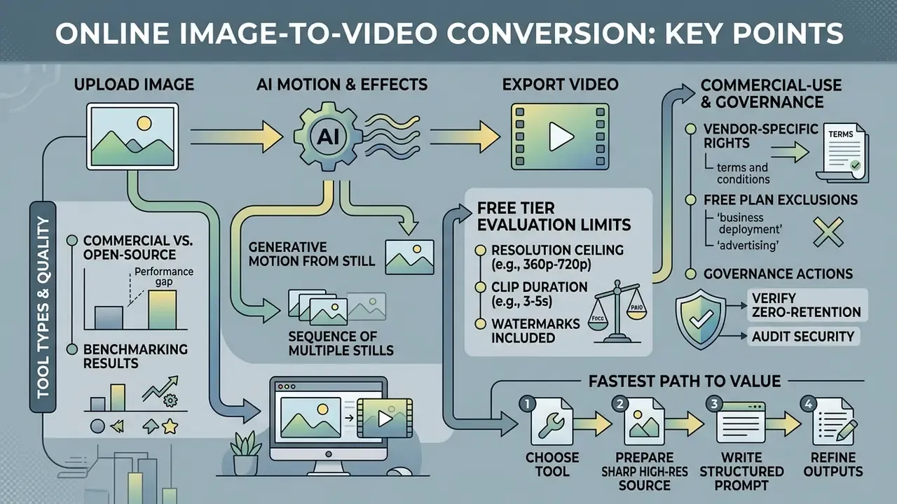 Flowchart detailing the process of online image-to-video conversion, including tool types and limitations