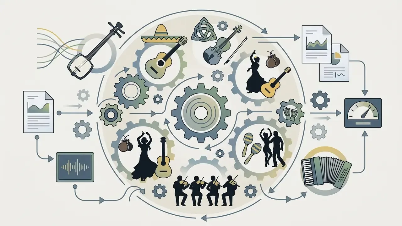 Interconnected gears surrounding diverse musical instruments and dancers for an AI song creator