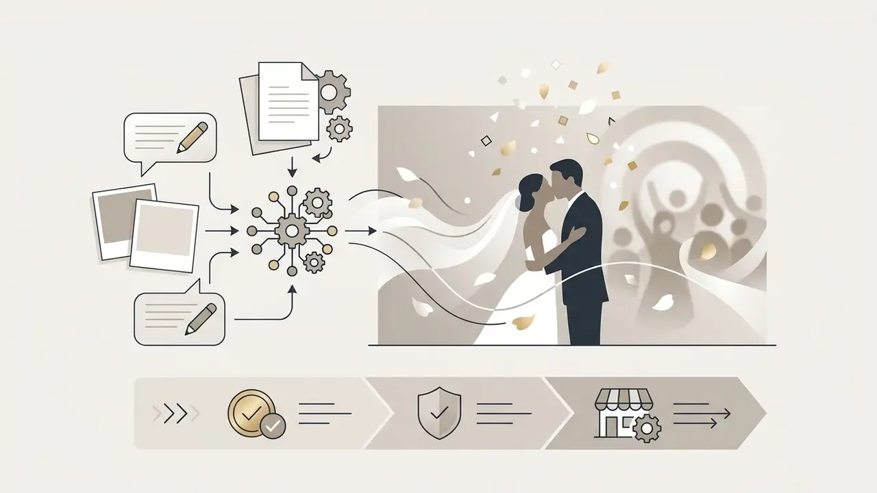 Processing steps for an ai kissing generator showing photo inputs and a wedding scene with confetti