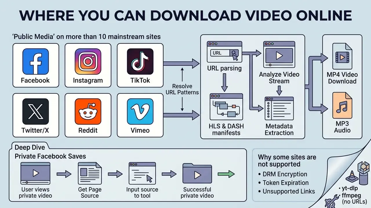 Diagram showing how an online video downloader processes media from social platforms into file formats