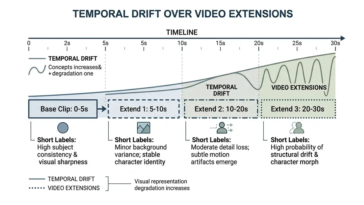 Timeline showing how Luma Dream Machine video extensions increase temporal drift and visual degradation
