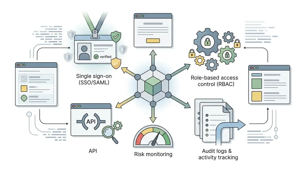 Central hub connecting SSO, API, RBAC, risk monitoring, and audit logs for top AI video generation tools