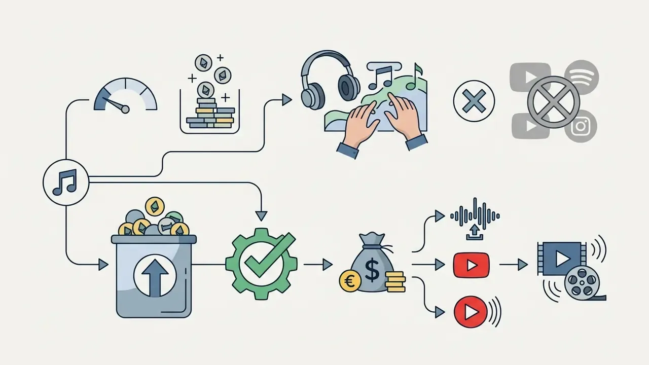 Icons showing free tier music creation versus paid subscription paths for commercial media monetization