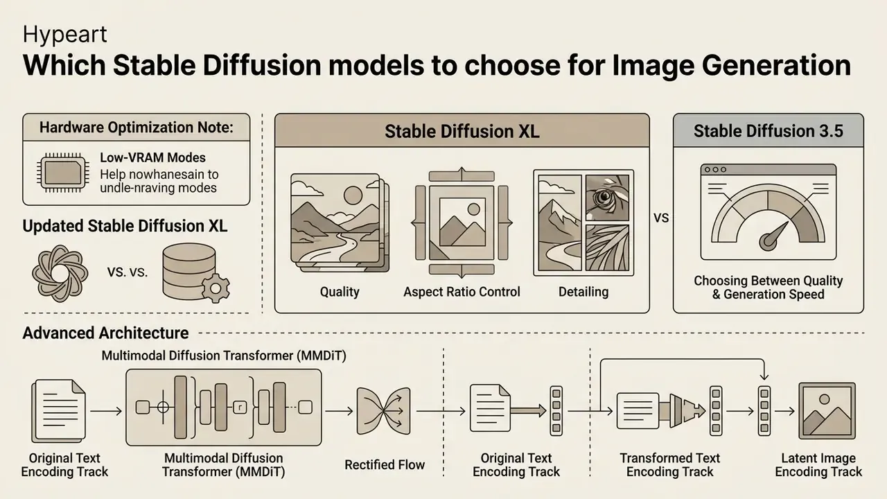 Infographic comparing Stable Diffusion XL and 3.5 features alongside a technical model architecture flow