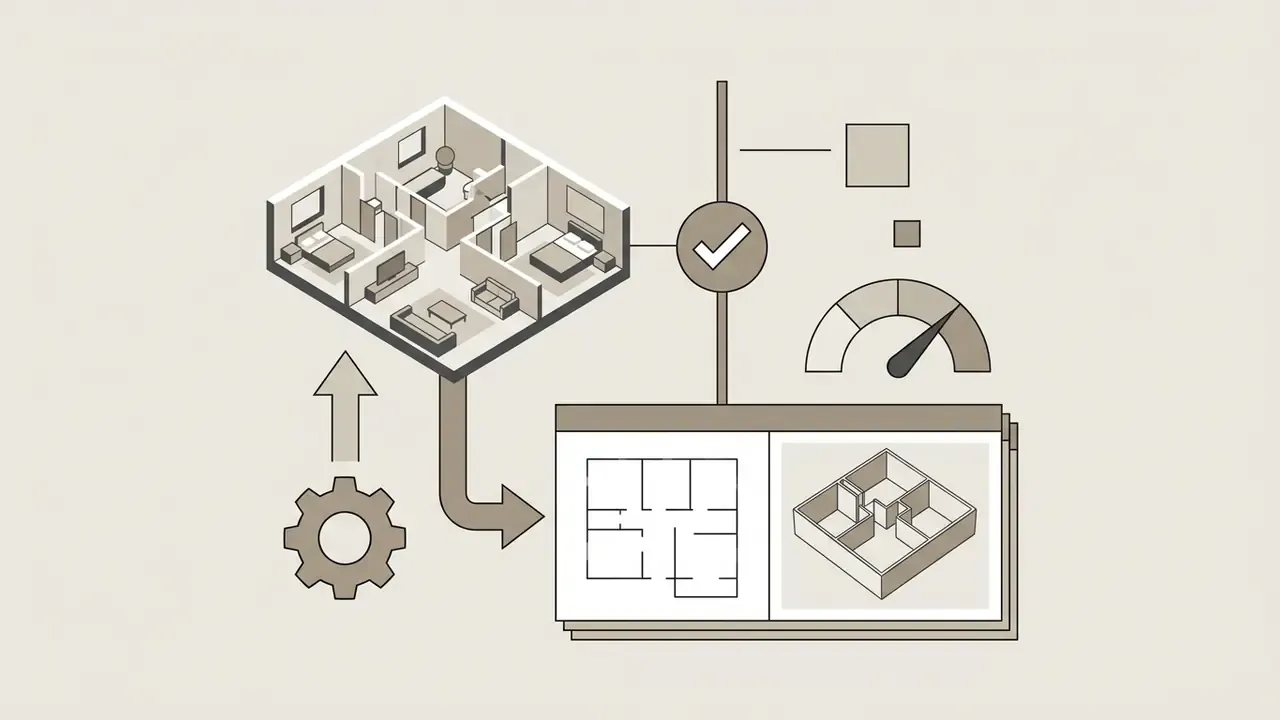 Gear mechanism processing a furnished 3D floor plan into a 2D blueprint and isometric model