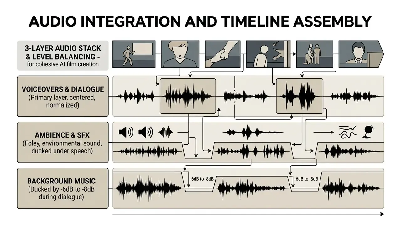 Layered audio chart showing voiceovers, sound effects, and music ducking synchronized to video scenes