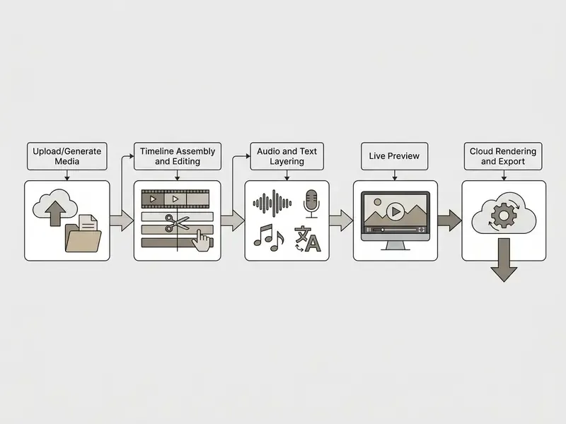 Flowchart illustrating the sequence from media upload and editing to cloud rendering and final export