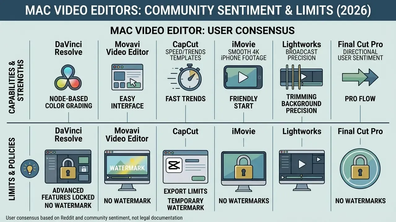 Comparison table outlining community sentiment and functional limits for popular Mac video editor software