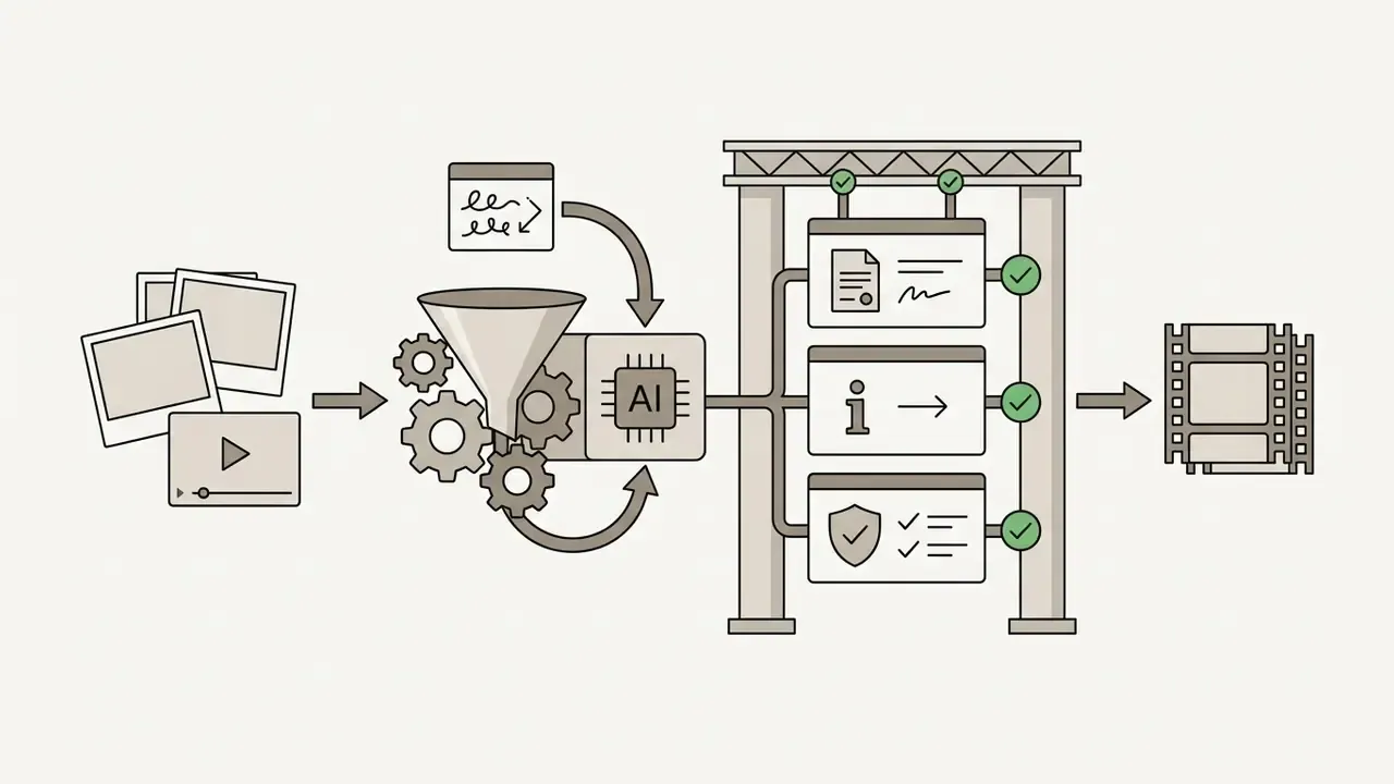 Assets passing through a funnel and AI processor into a gated compliance framework for final output