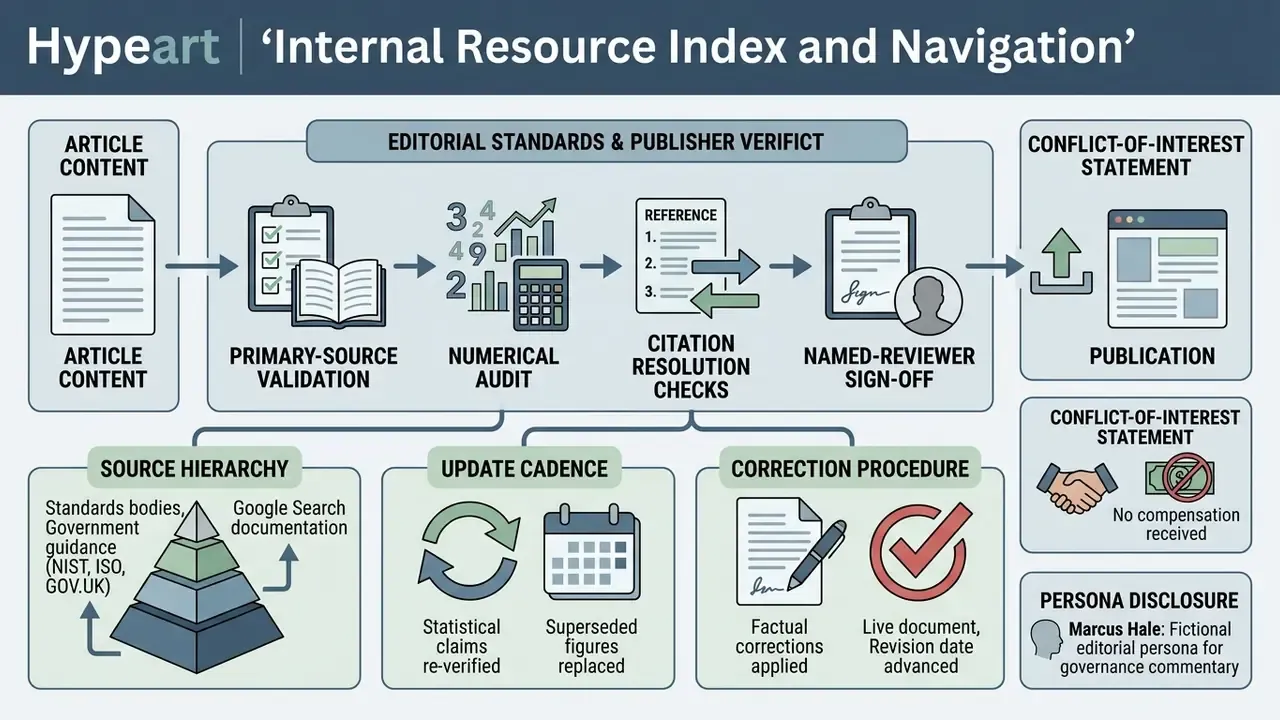 Sequential validation steps for article content including source checks, numerical audits, and reviewer sign-off