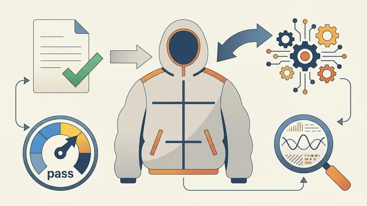 Puffer jacket surrounded by a document, a gear system, a pass gauge, and a magnifying glass