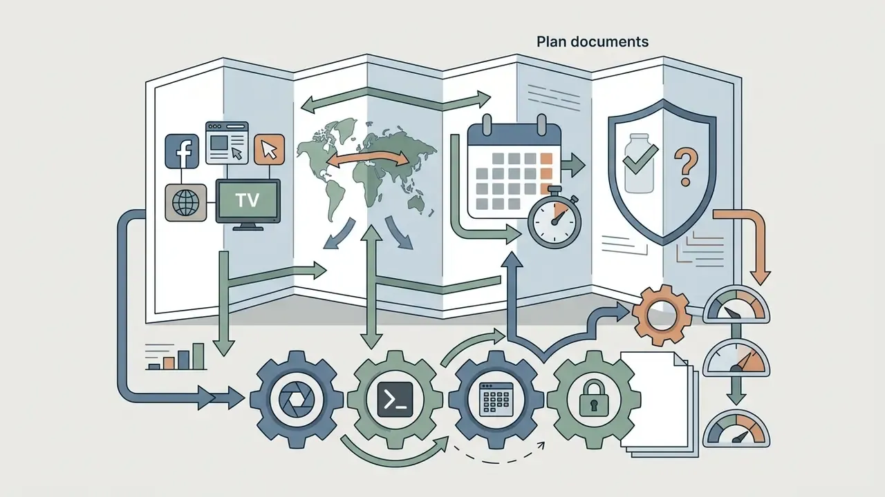Folded map with channel icons, calendar, and shield feeding into a gear train and gauge indicators