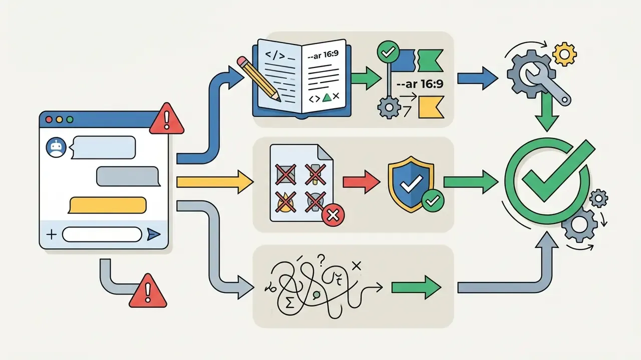 Chat interface with error alerts branching into prompt corrections, content filtering, and simplification