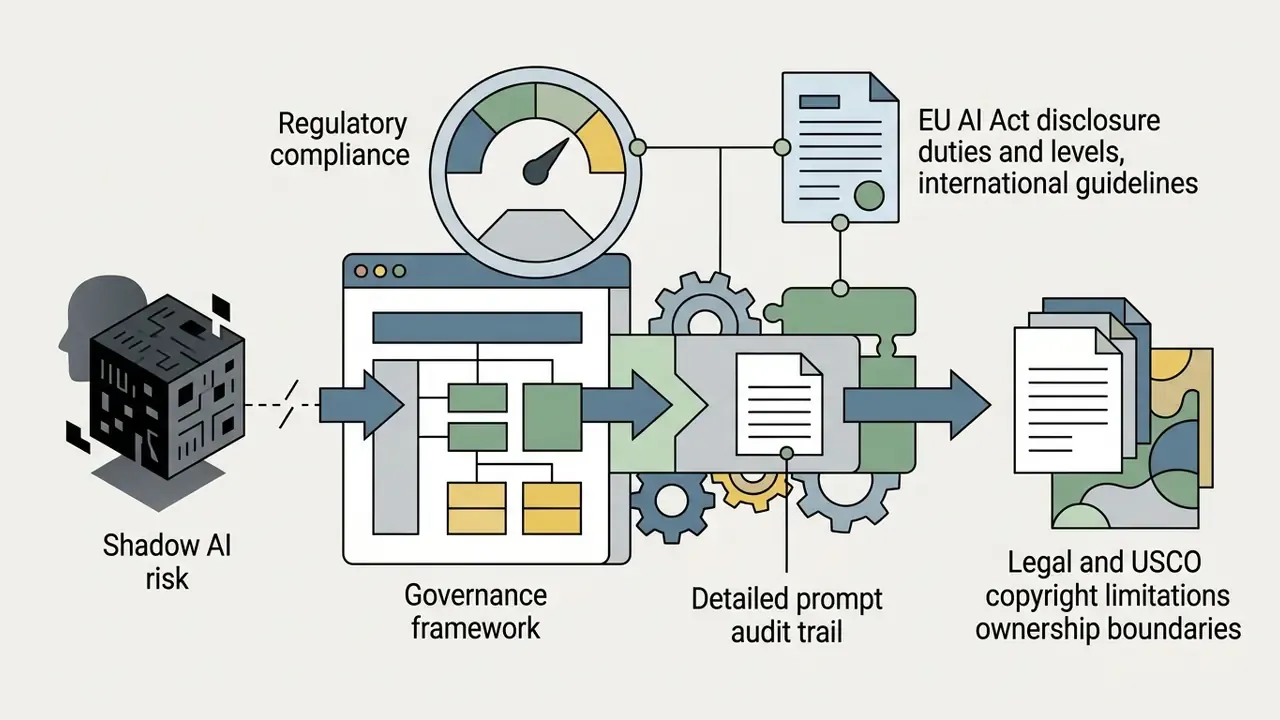 Visual representation of a governance framework connecting shadow AI risks to legal and copyright outcomes