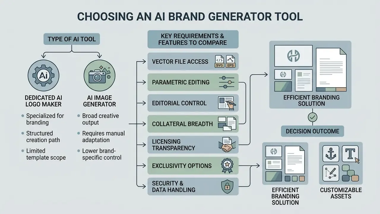 Comparison chart outlining tool types, essential feature requirements, and final branding outcomes