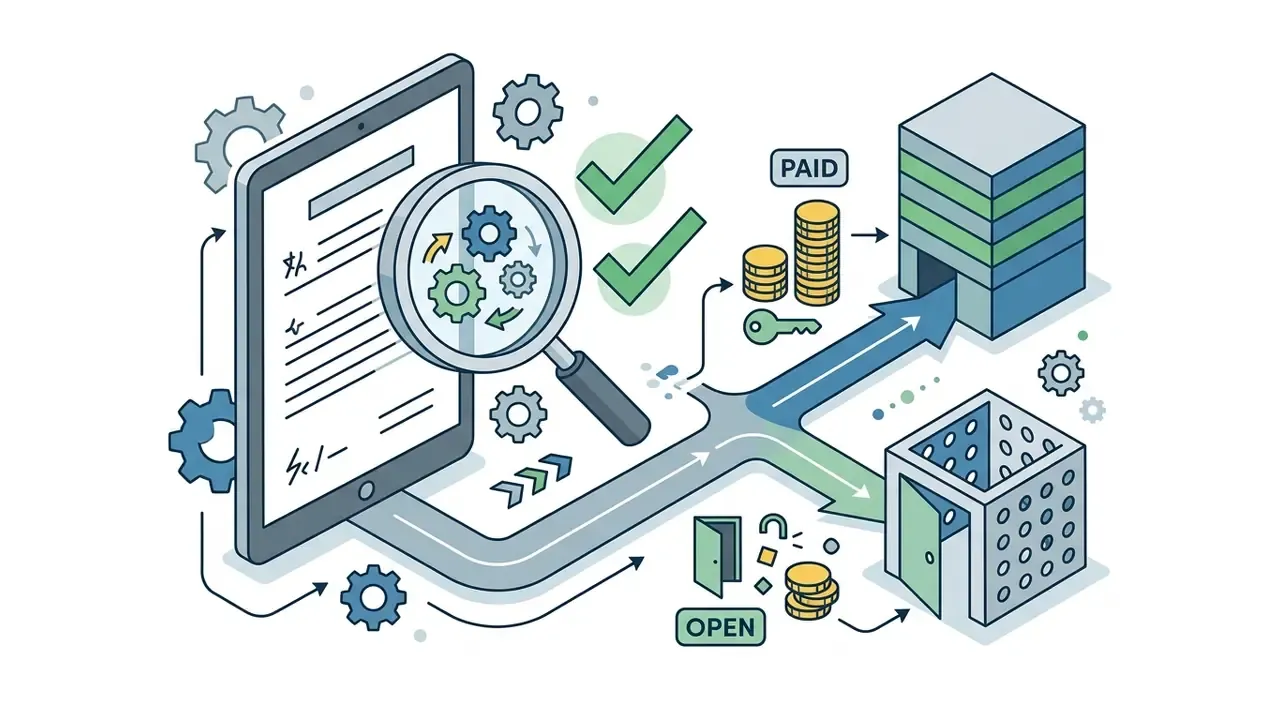 Magnifying glass inspecting a document leading to paid and open access paths for a B2B AI Media Trust checklist