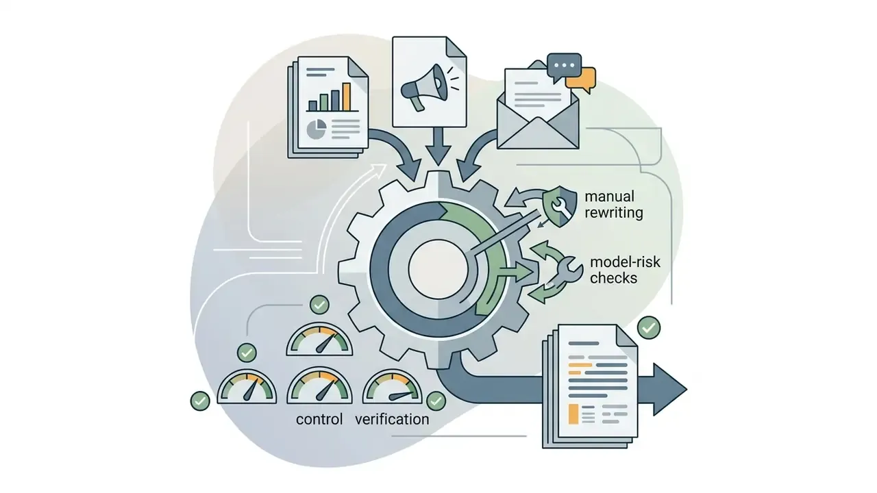 Business documents and communications feeding into a central gear mechanism with risk checks and gauges