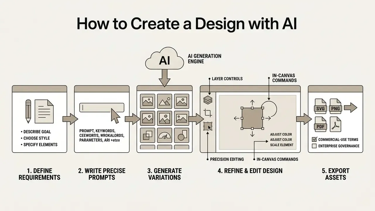 Five-step workflow diagram showing the progression from defining requirements to exporting final assets