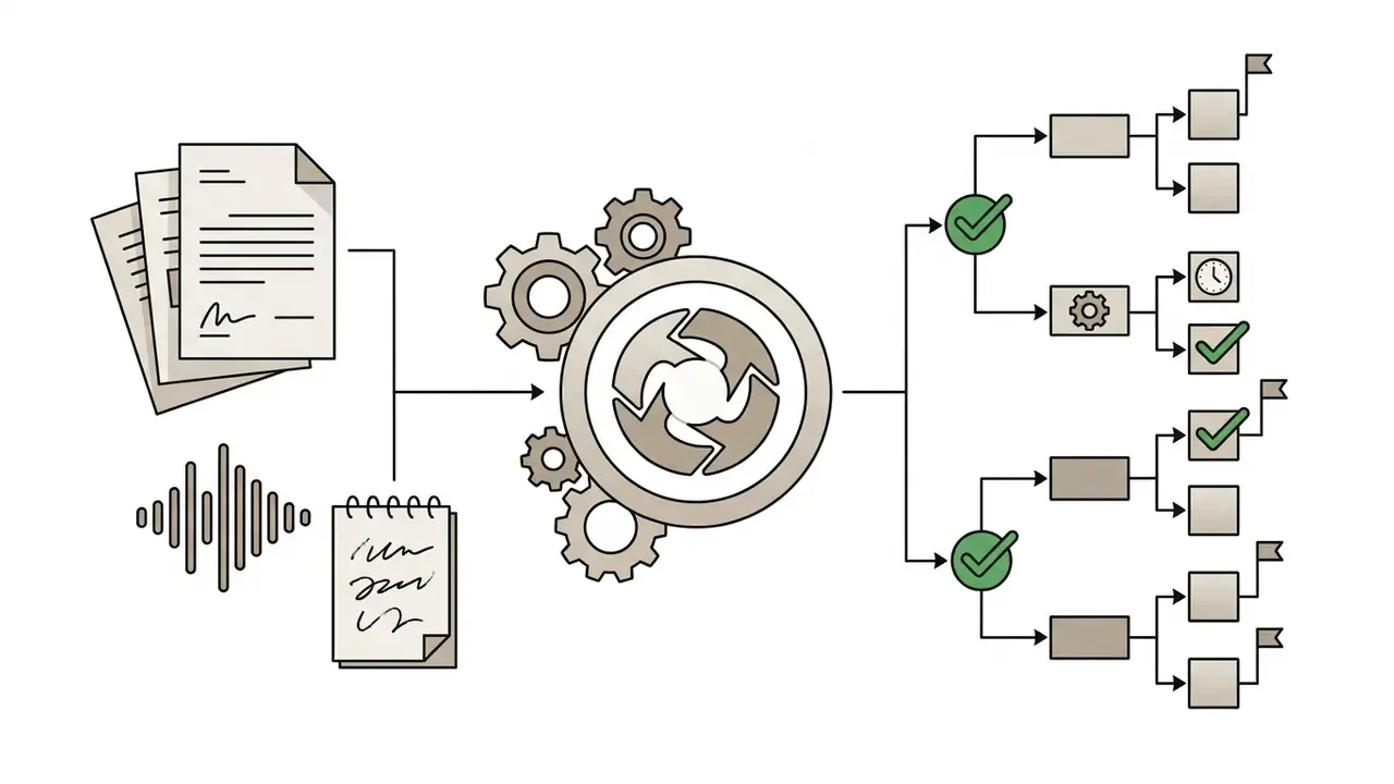 Audio and notes entering a processing gear to output organized tasks and deadlines in a tree structure