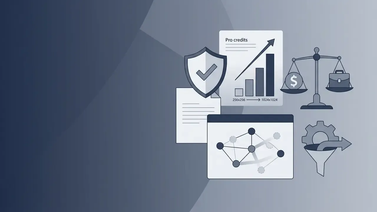 Shield with checkmark next to a growth chart, balance scale, network node graph, and gear funnel