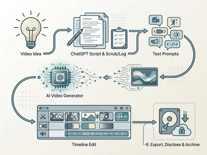 Process flow from video idea to script, prompt generation, AI video synthesis, timeline editing, and export
